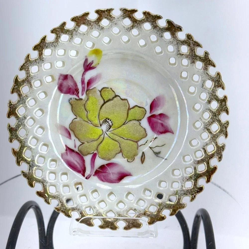 Vintage Japan Sterling‎ China Iridescent Floral Textured Pansy Teacup & Saucer